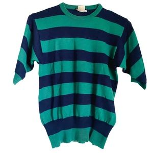 Vintage Salvatore Ferragamo Woman's Green and Blue Striped Short Sleeve Sweater